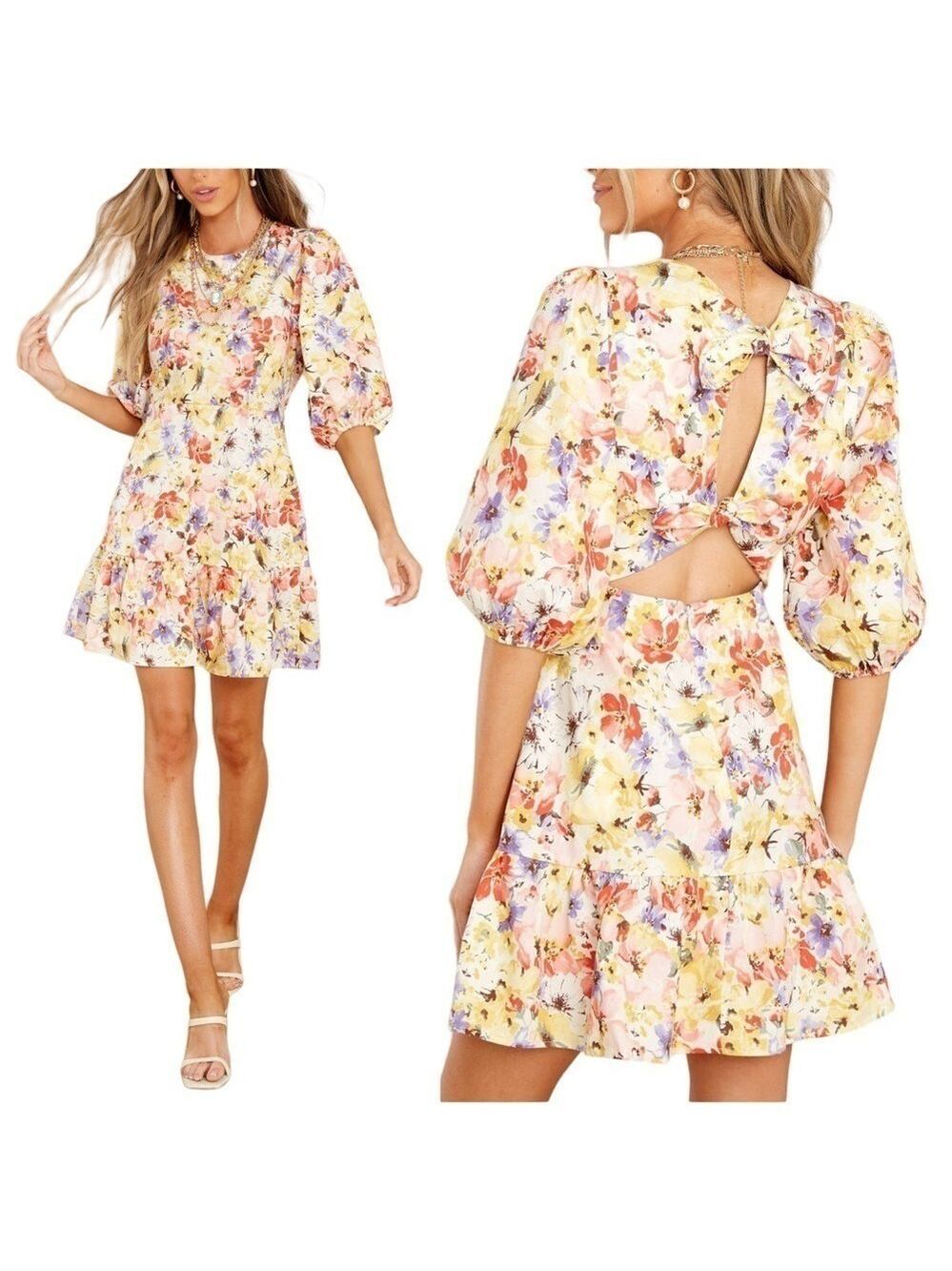 Lush Floral Puff Sleeve Open Back Tie Detail Ruffle Hem Mini Short Dress